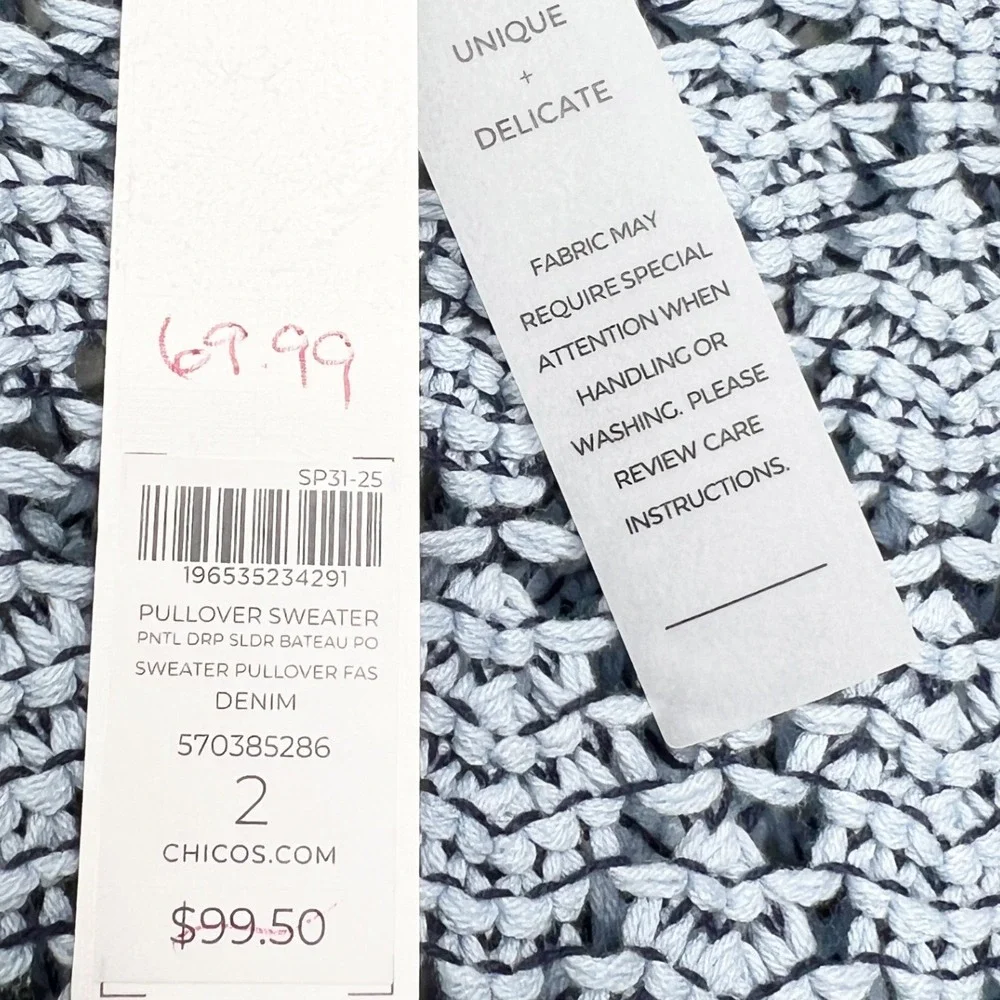 Chico's NWT Womens Crochet Pullover Sweater Denim‎ Blue Knit 3/4 Sleeve Size 2